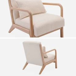 Sillón escandinavo de madera y tela de borreguito texturizado