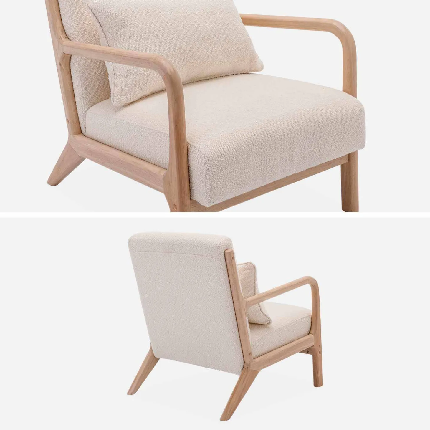 Sillón escandinavo de madera y tela de borreguito texturizado