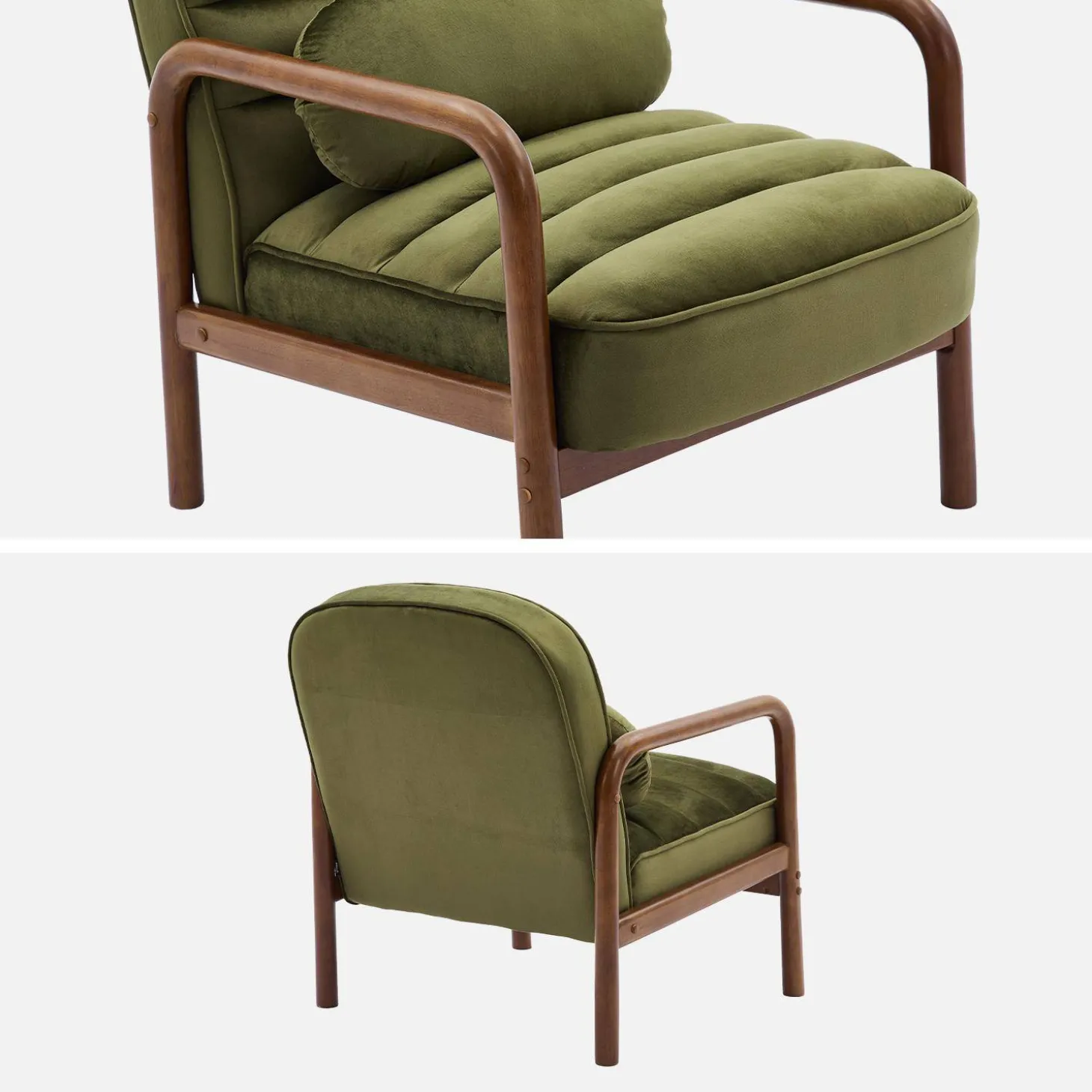 Sillón escandinavo de madera de hevea teñida de nogal y tela de terciopelo