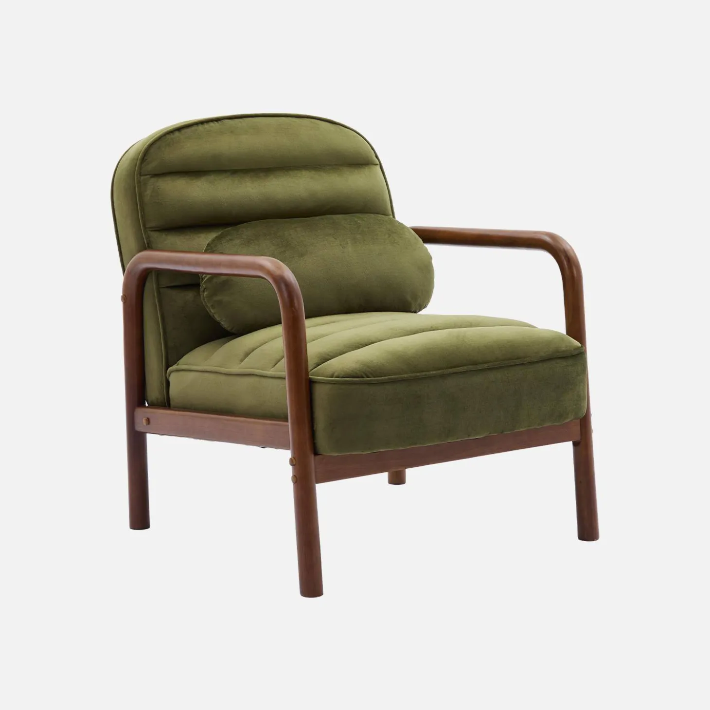Sillón escandinavo de madera de hevea teñida de nogal y tela de terciopelo
