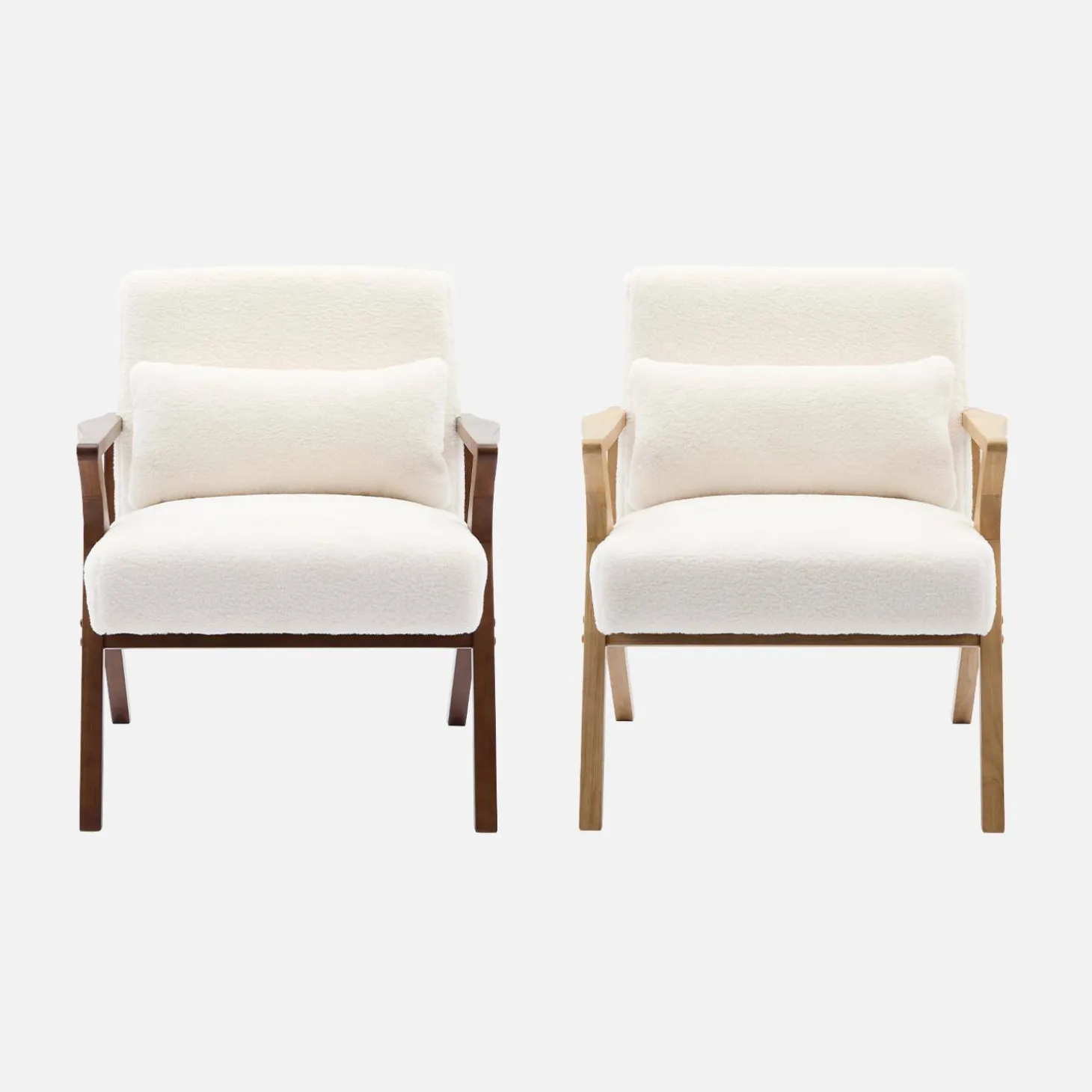 Sillón escandinavo de madera de hevea y efecto pelo sintético