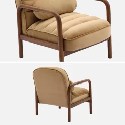 Sillón escandinavo de madera de hevea teñida de nogal y tela de terciopelo