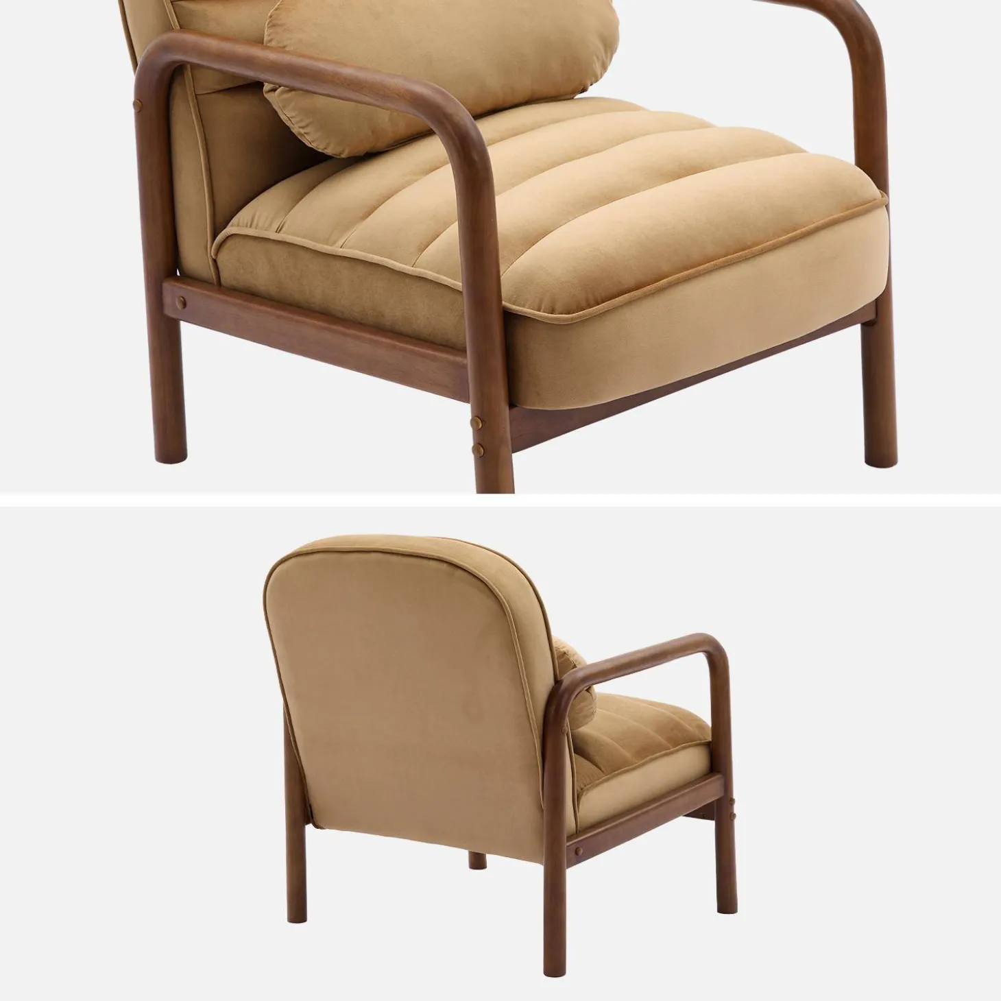 Sillón escandinavo de madera de hevea teñida de nogal y tela de terciopelo