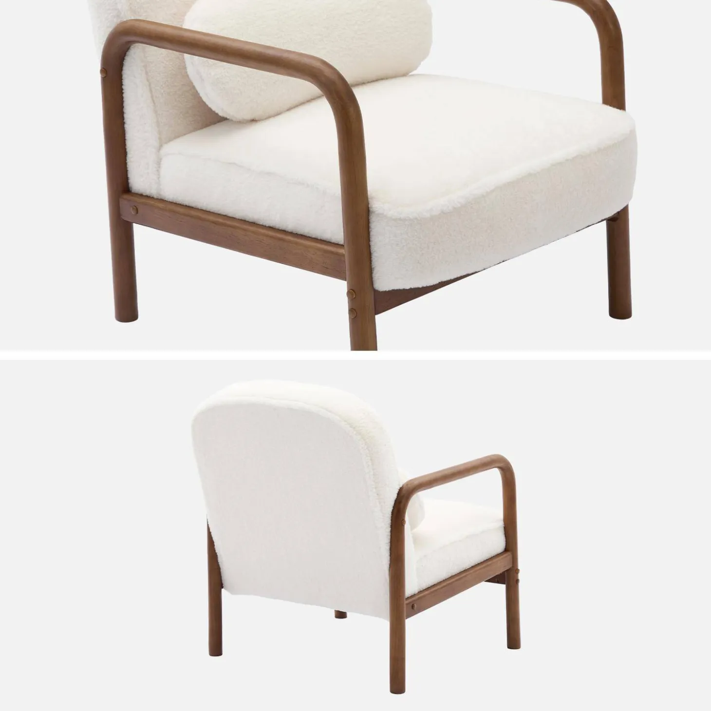 Sillón escandinavo de madera de hevea teñida y efecto pelo sintético