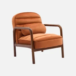 Sillón escandinavo de madera de hevea teñida de nogal y tela de terciopelo