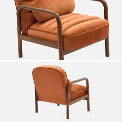Sillón escandinavo de madera de hevea teñida de nogal y tela de terciopelo