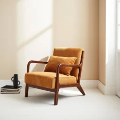 Sillón escandinavo de pana y madera de hevea nogal
