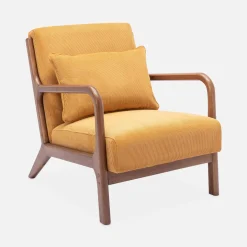 Sillón escandinavo de pana y madera de hevea nogal