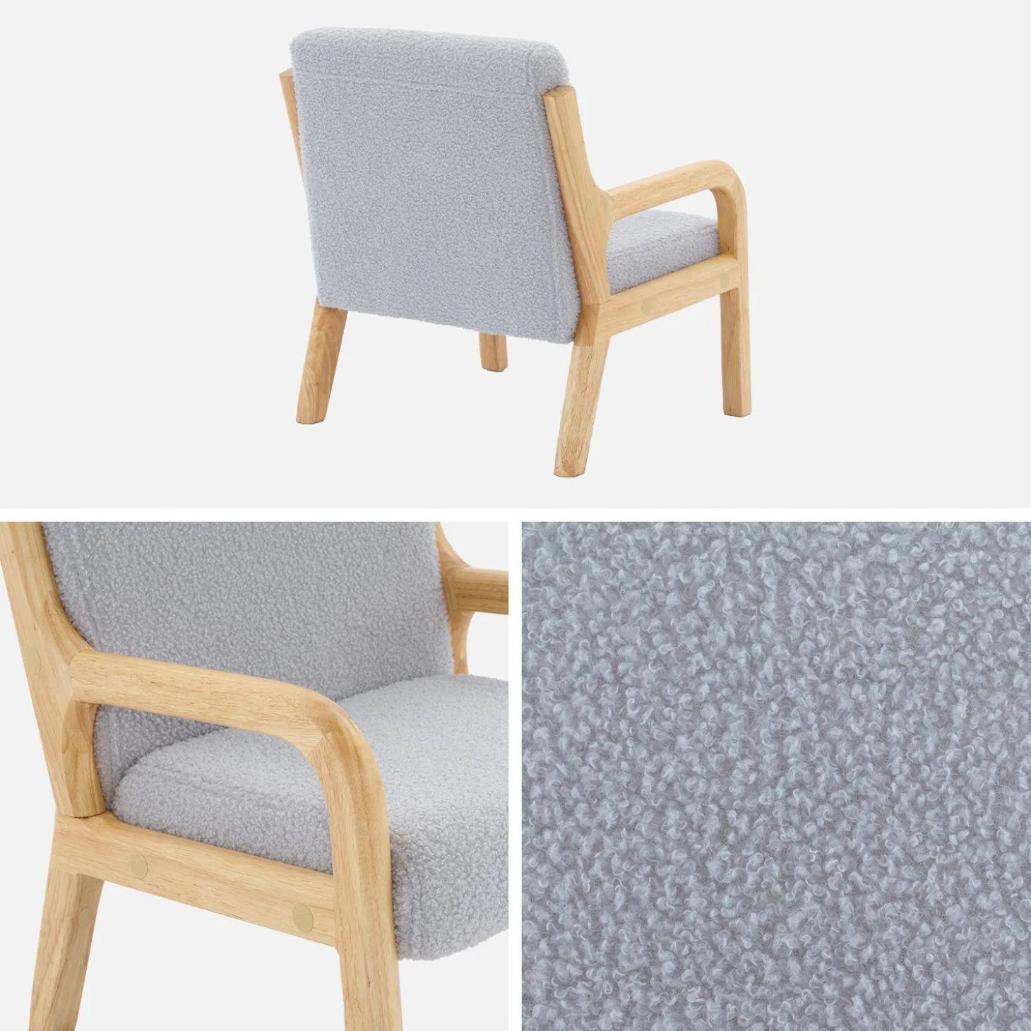Sillón infantil escandinavo de madera y tela borreguito
