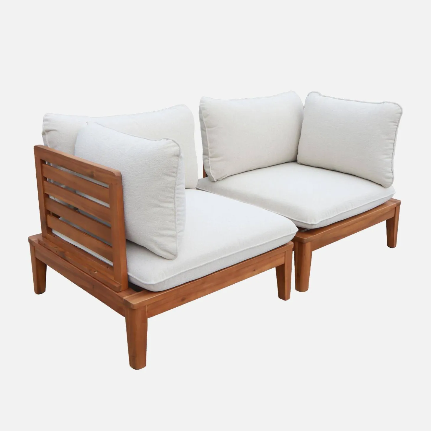 Sillón modular de jardín de madera de acacia y borreguito con reposabrazos, 2 plazas