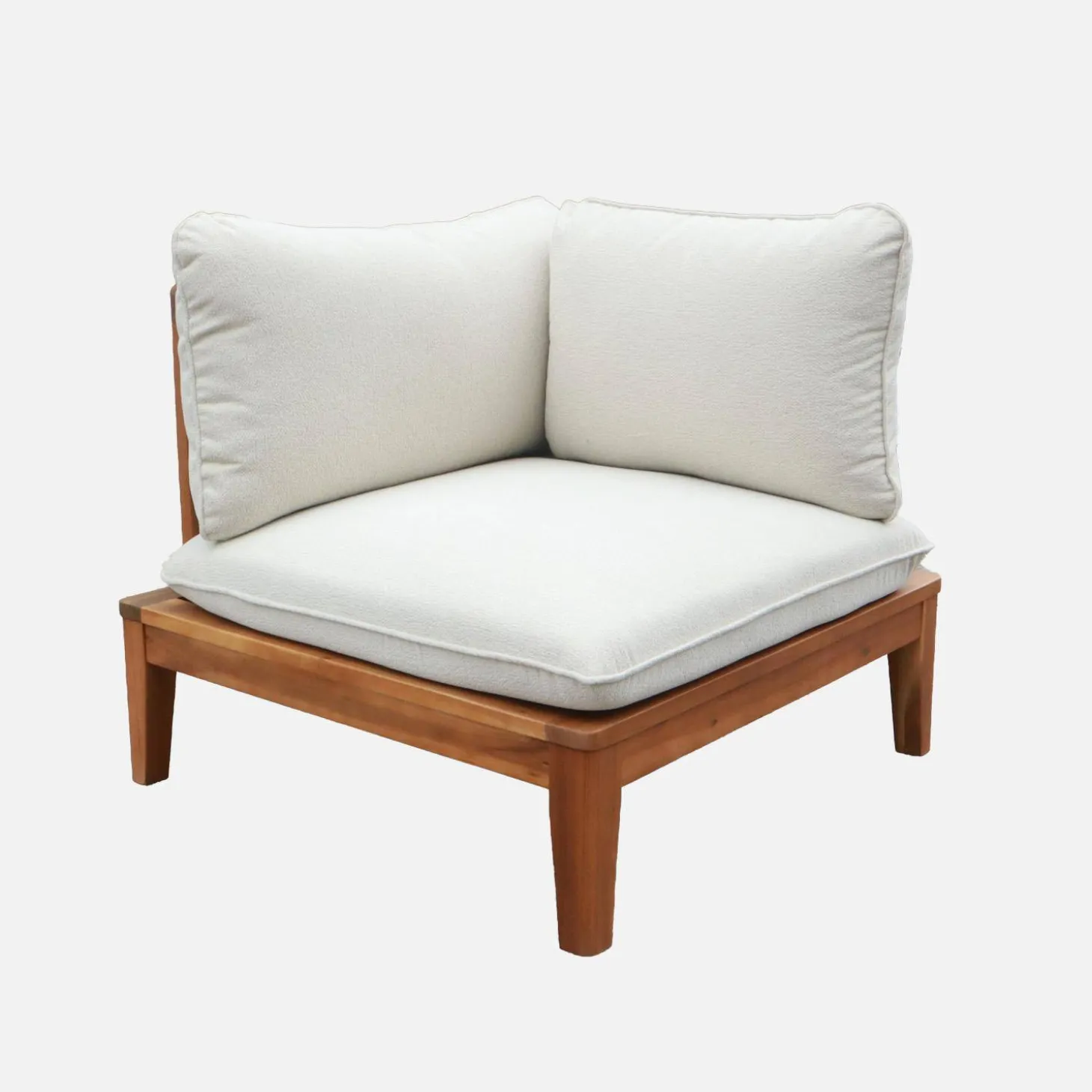 Sillón modular de jardín de madera de acacia y borreguito con reposabrazos, 2 plazas