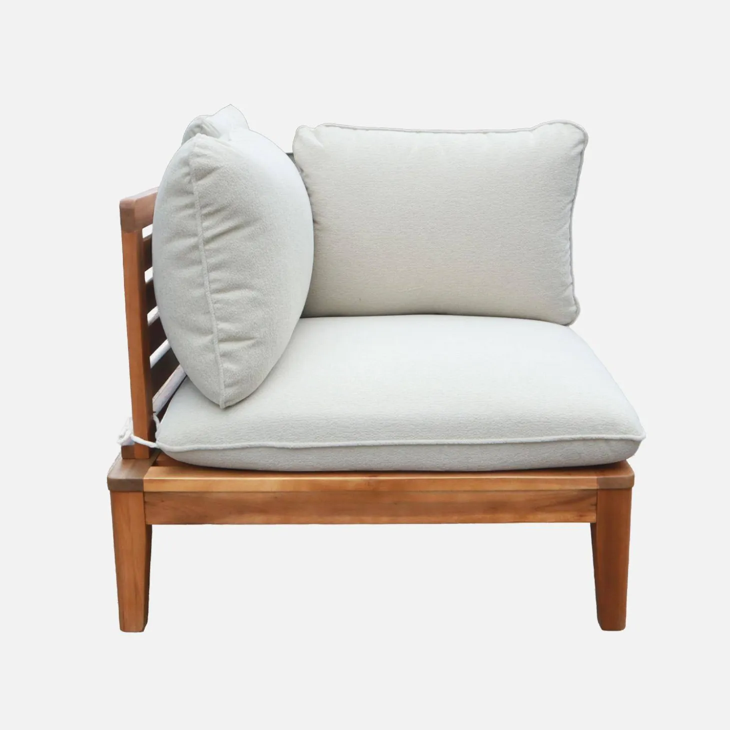 Sillón modular de jardín de madera de acacia y borreguito con reposabrazos, 2 plazas