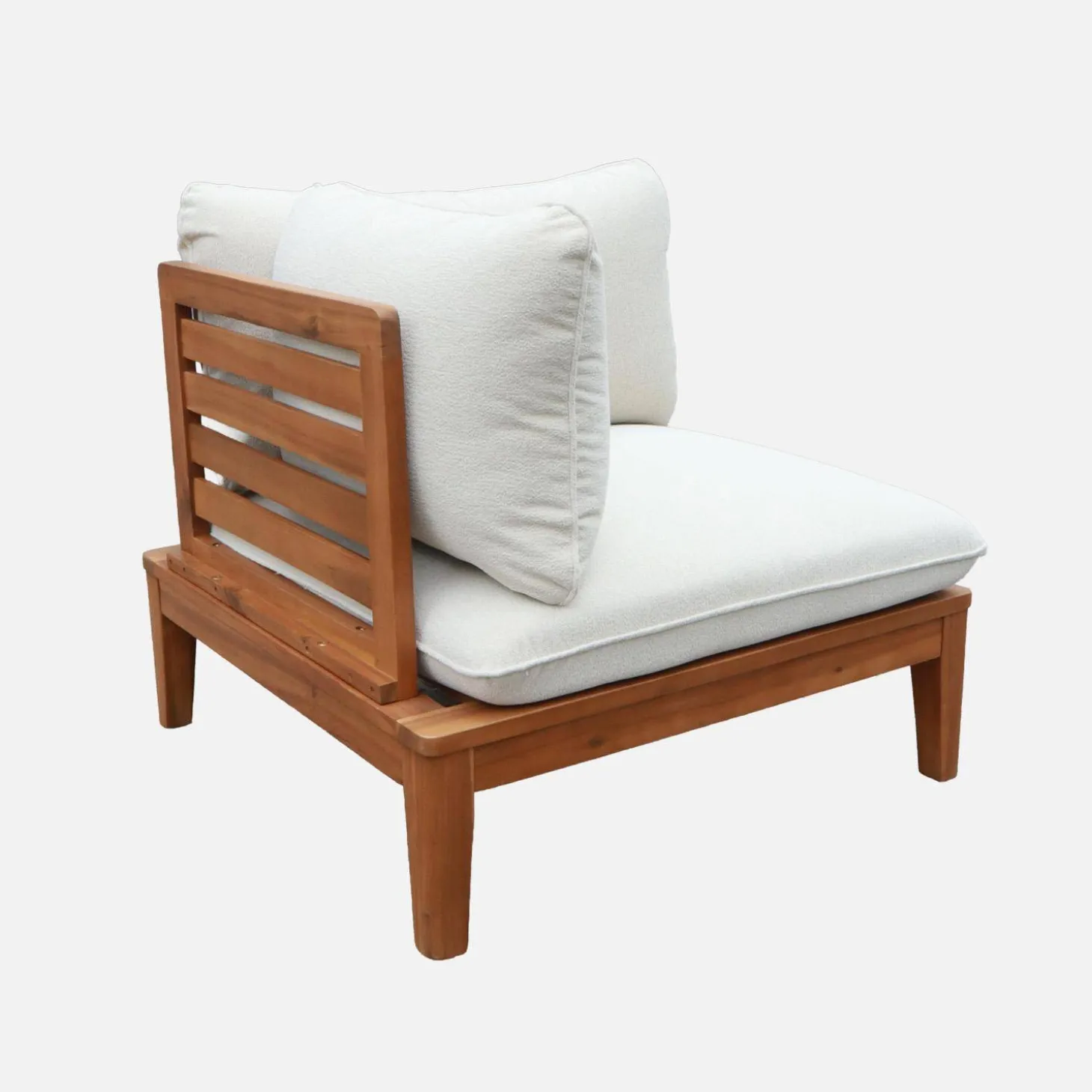 Sillón modular de jardín de madera de acacia y borreguito con reposabrazos, 2 plazas