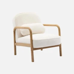 Sillón redondo escandinavo de madera de hevea y tela efecto pelo sintético