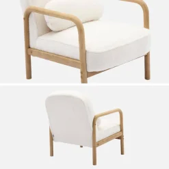 Sillón redondo escandinavo de madera de hevea y tela efecto pelo sintético