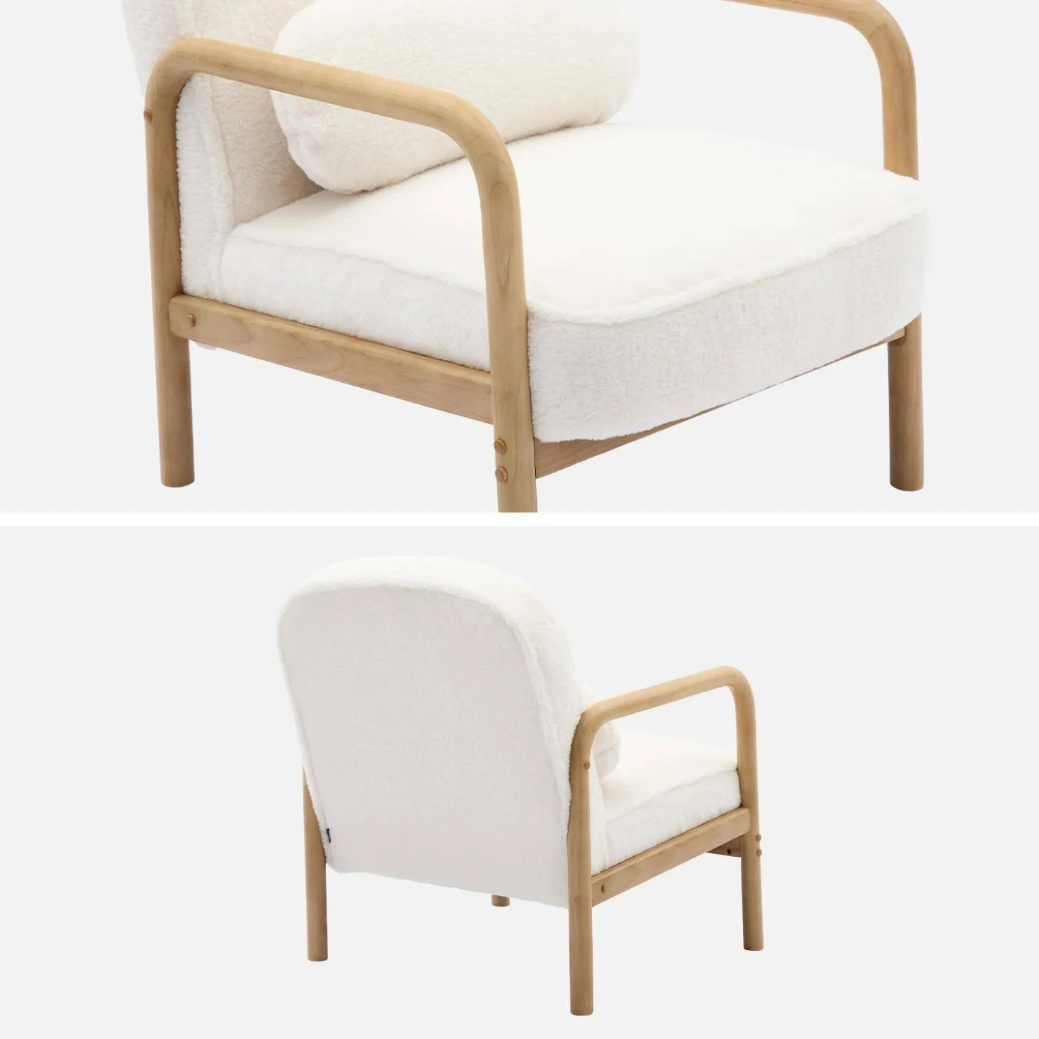 Sillón redondo escandinavo de madera de hevea y tela efecto pelo sintético