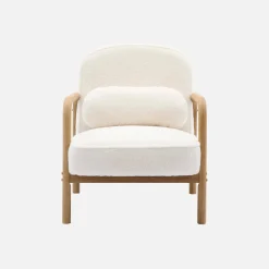 Sillón redondo escandinavo de madera de hevea y tela efecto pelo sintético