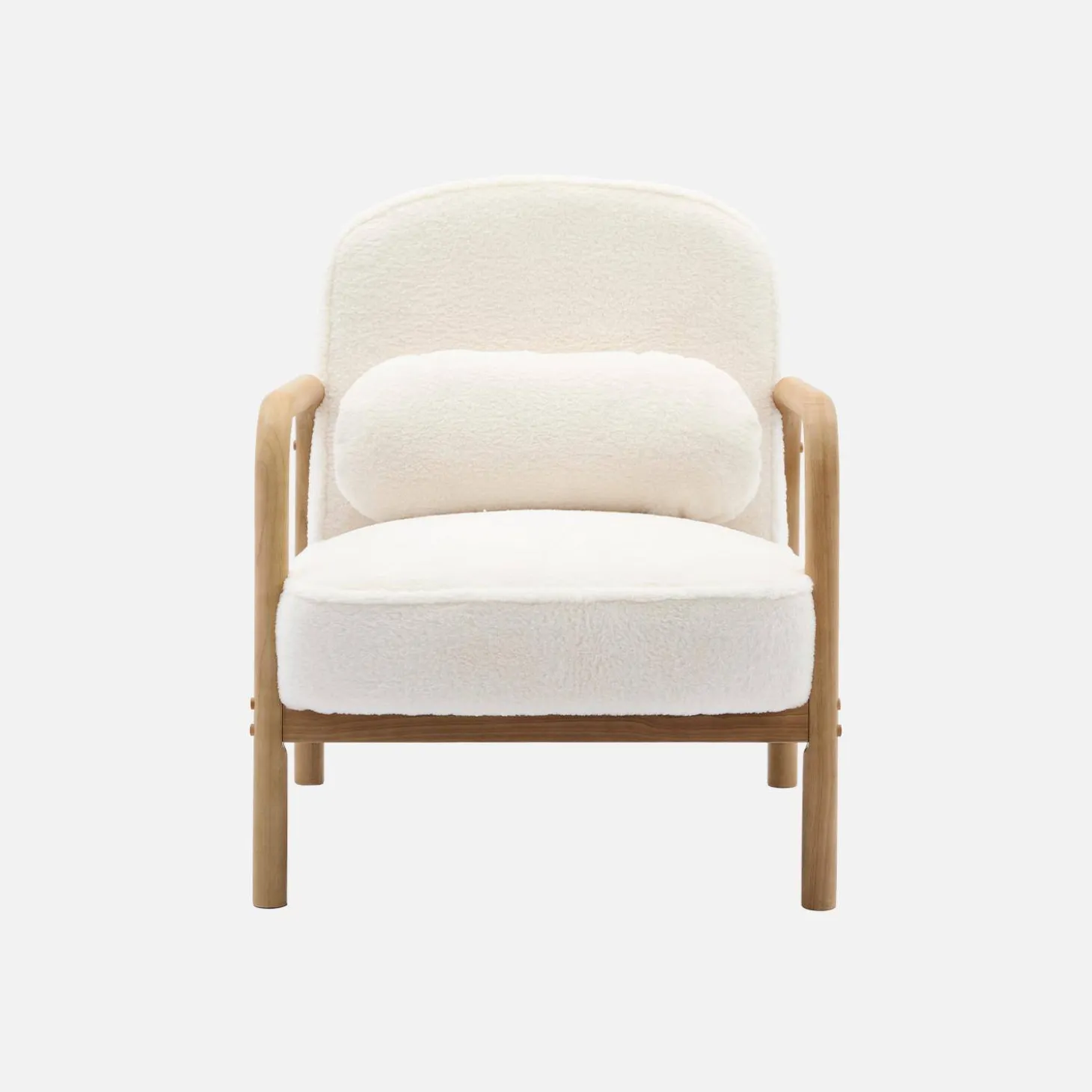 Sillón redondo escandinavo de madera de hevea y tela efecto pelo sintético