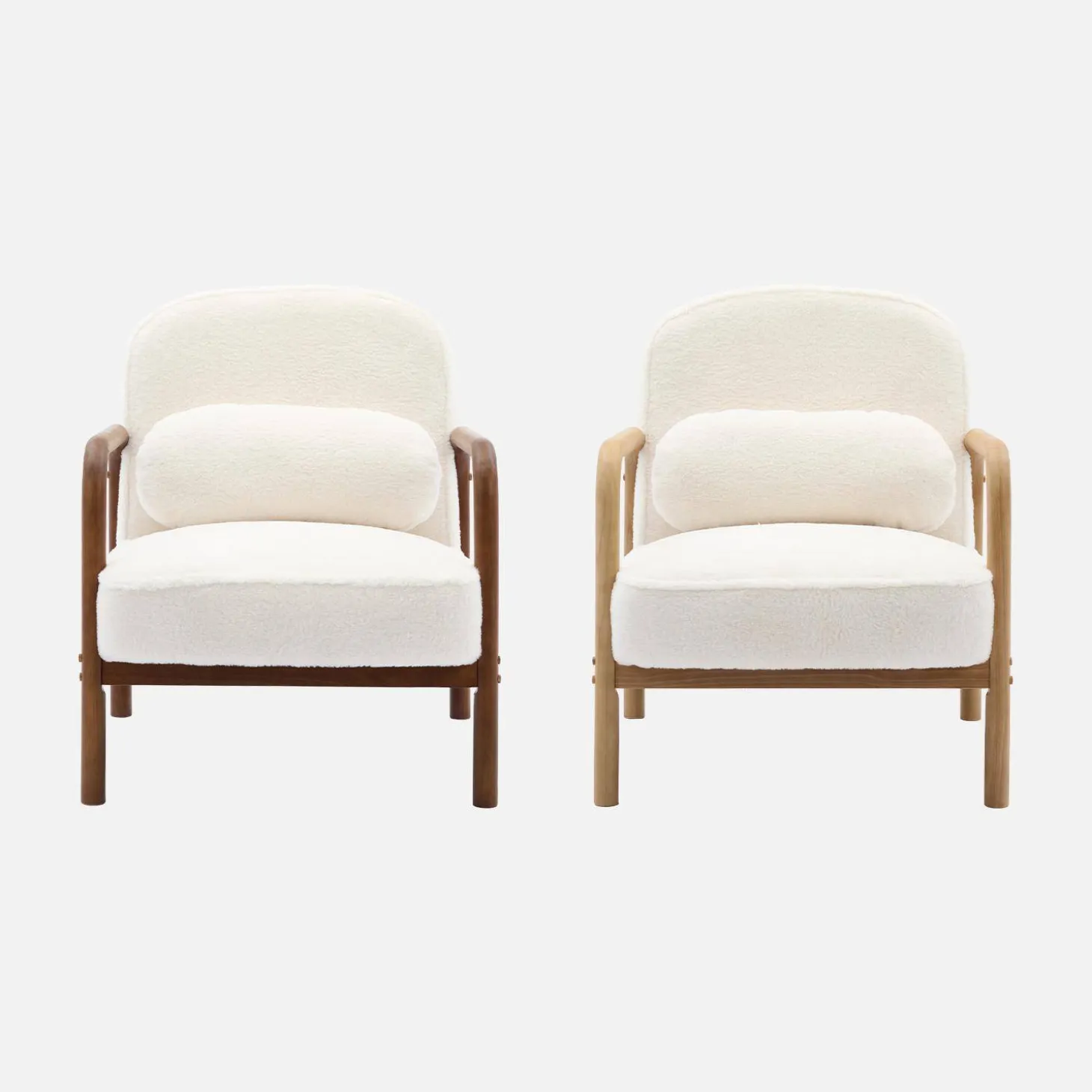 Sillón redondo escandinavo de madera de hevea y tela efecto pelo sintético