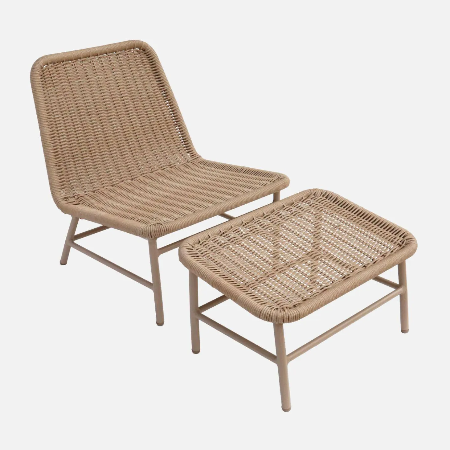 Sillón relax y reposapiés de aluminio y cuerda, set de 2