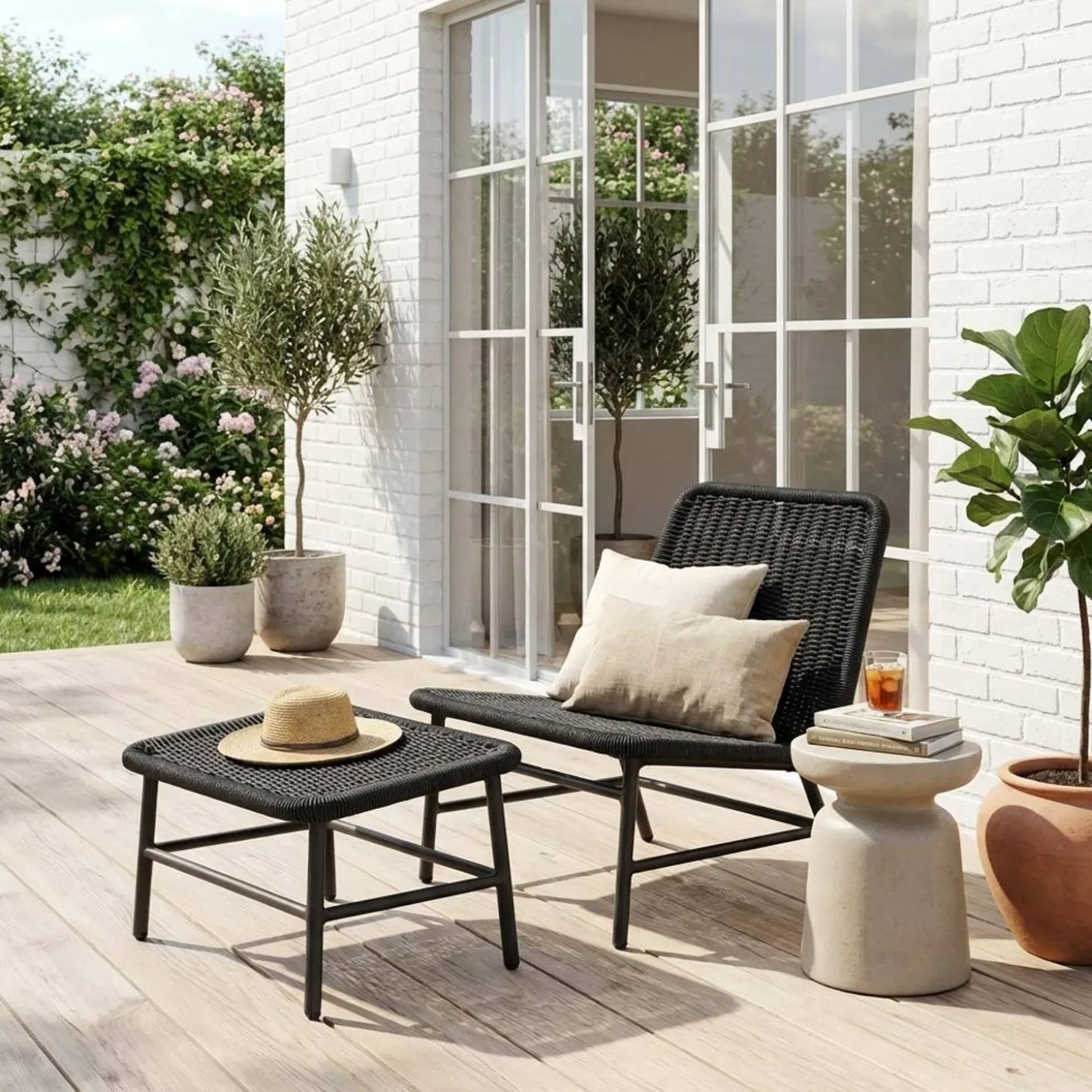 Sillón relax y reposapiés de aluminio y cuerda