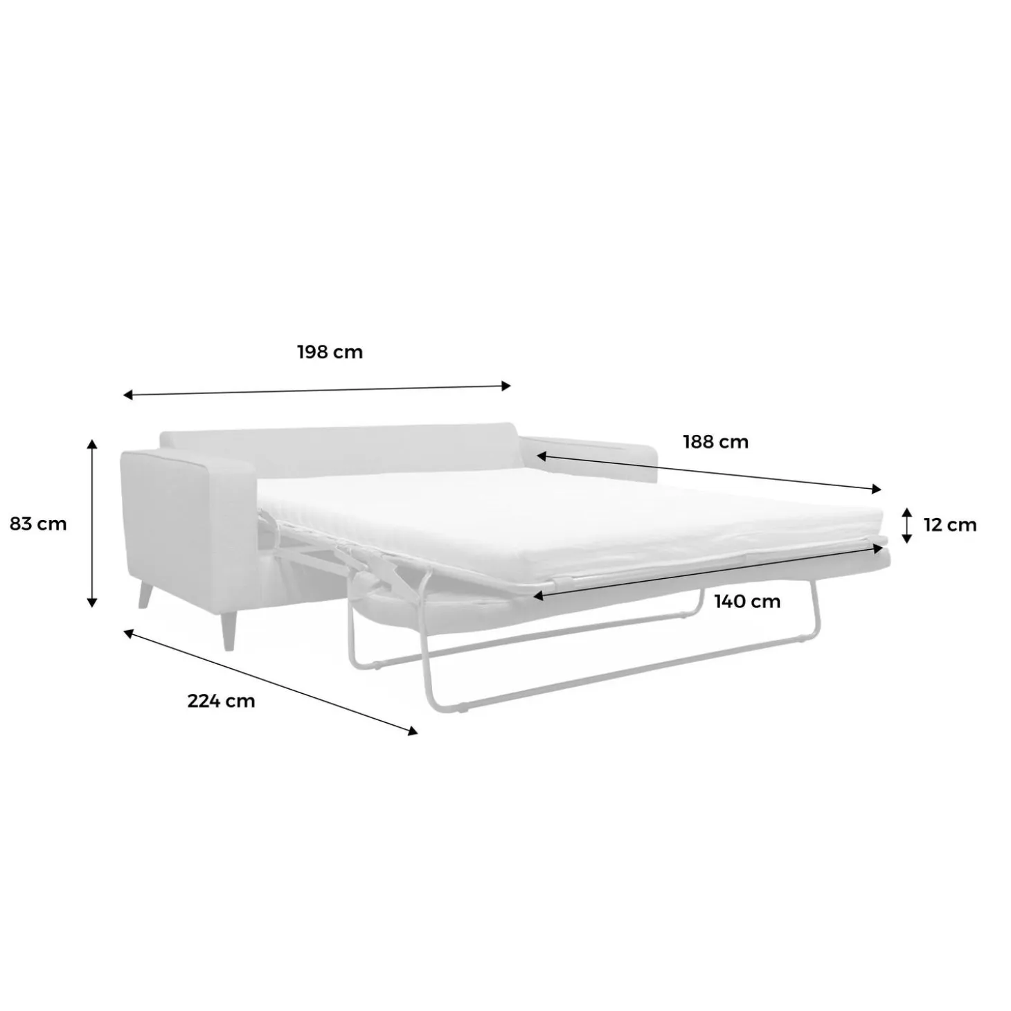Sofá cama con colchón de 12cm, 3 plazas