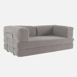 Sofá cama con futón plegable en pana y estructura cromada, 3 plazas