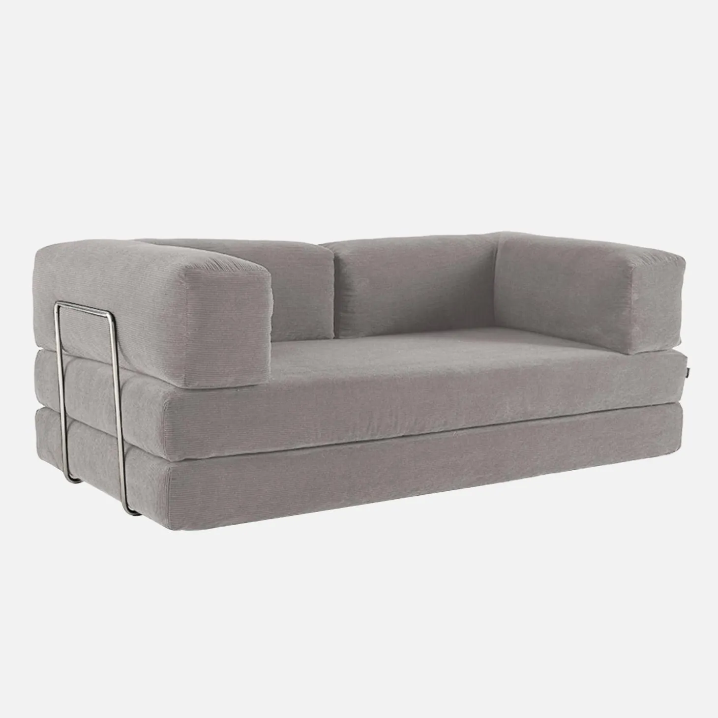 Sofá cama con futón plegable en pana y estructura cromada, 3 plazas