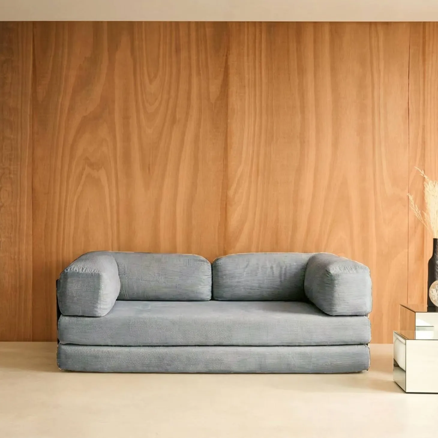 Sofá cama con futón plegable en pana y estructura cromada, 3 plazas