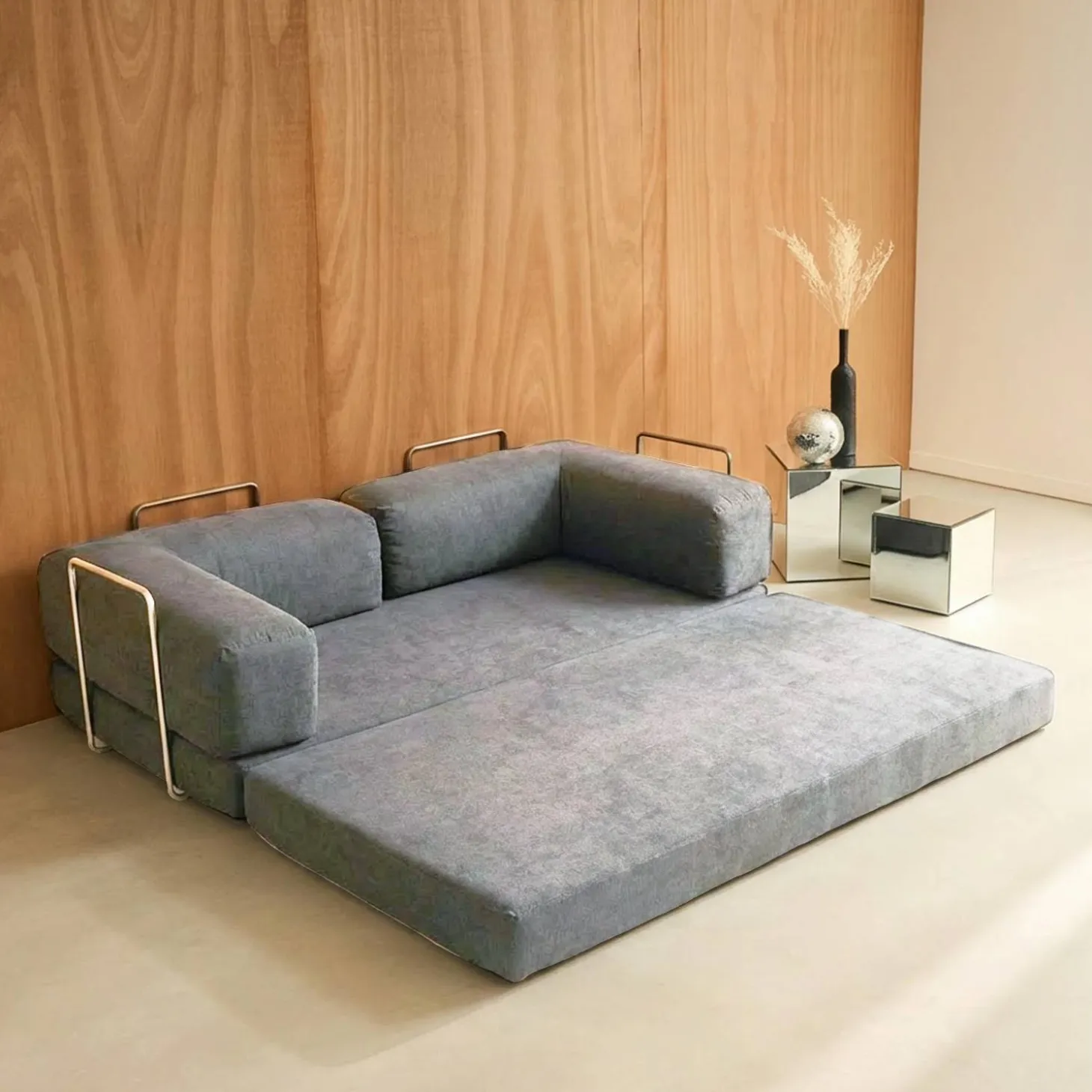 Sofá cama con futón plegable en pana y estructura cromada, 3 plazas