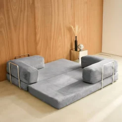 Sofá cama con futón plegable en pana y estructura cromada, 3 plazas