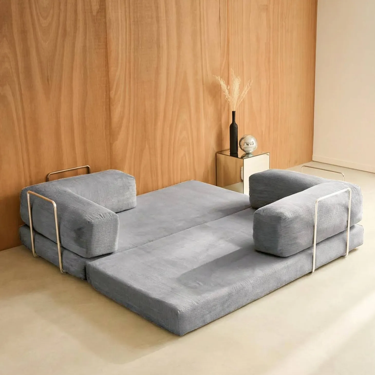 Sofá cama con futón plegable en pana y estructura cromada, 3 plazas