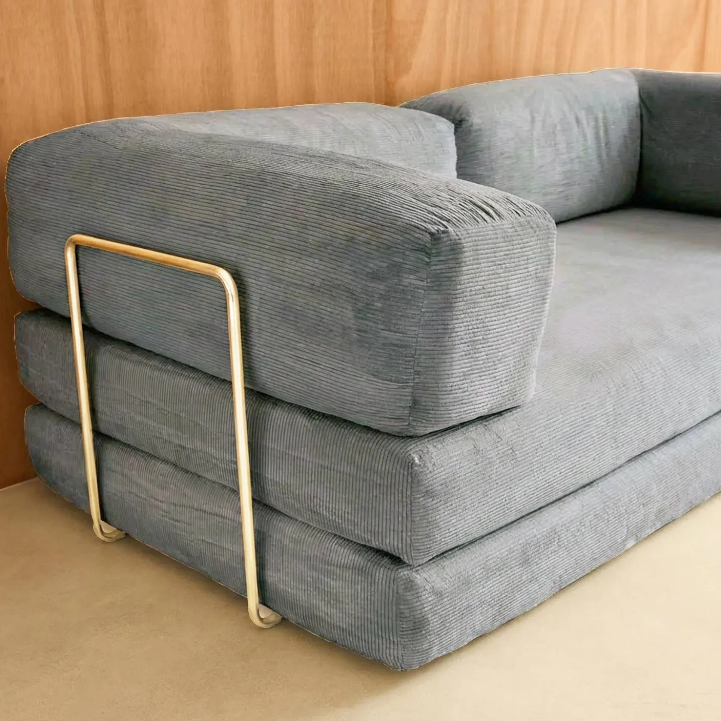 Sofá cama con futón plegable en pana y estructura cromada, 3 plazas