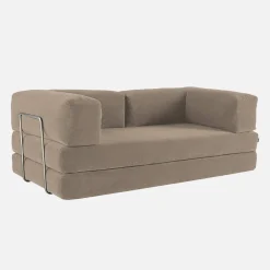 Sofá cama con futón plegable en pana y estructura cromada, 3 plazas