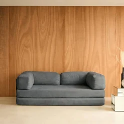 Sofá cama con futón plegable en pana y estructura cromada, 3 plazas