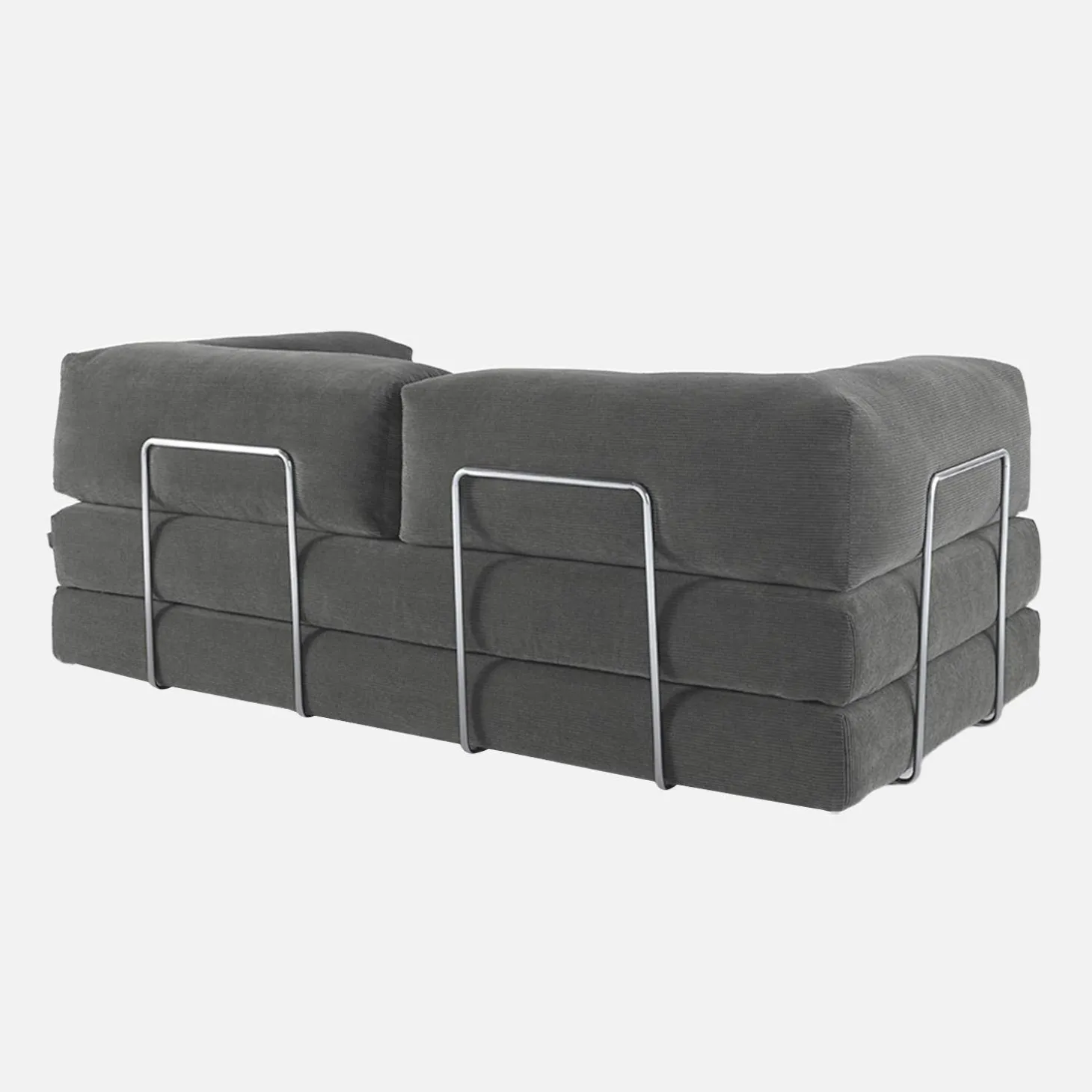 Sofá cama con futón plegable en pana y estructura cromada, 3 plazas