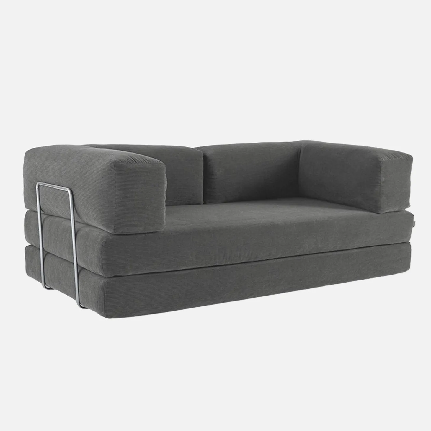 Sofá cama con futón plegable en pana y estructura cromada, 3 plazas