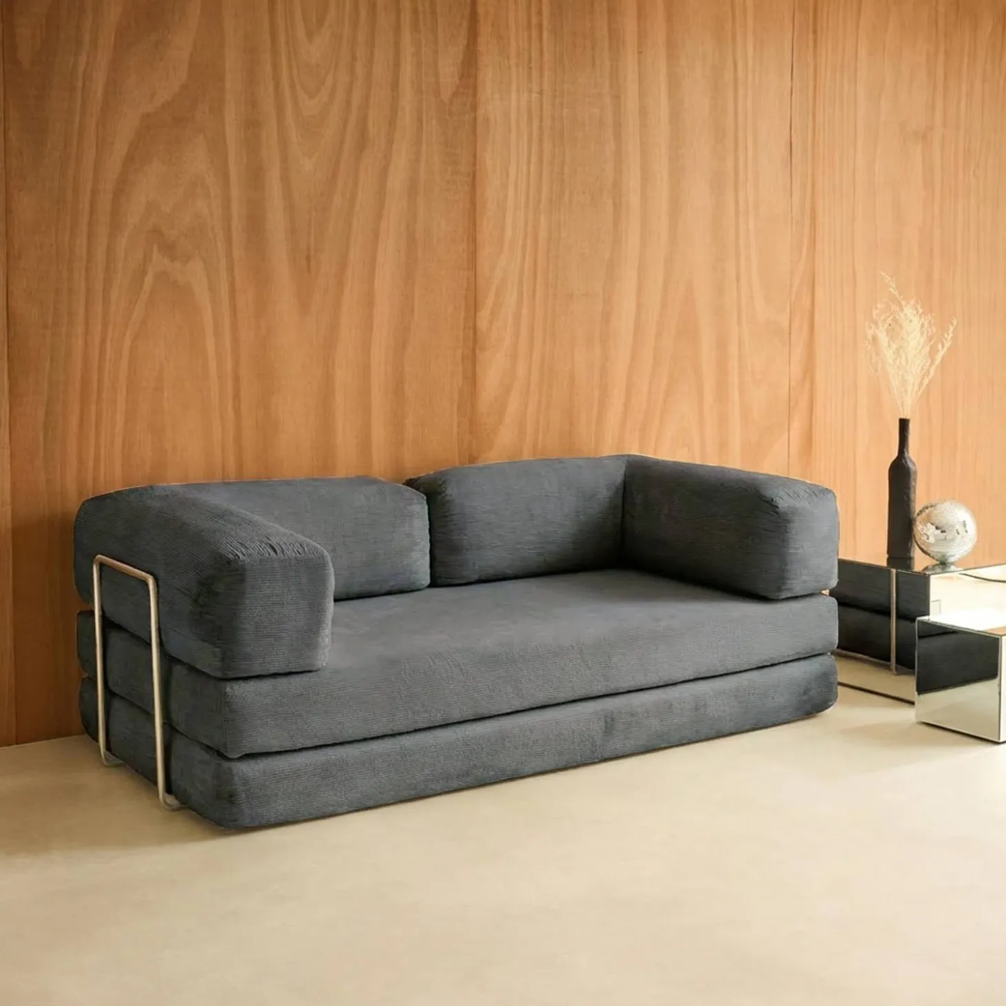 Sofá cama con futón plegable en pana y estructura cromada, 3 plazas