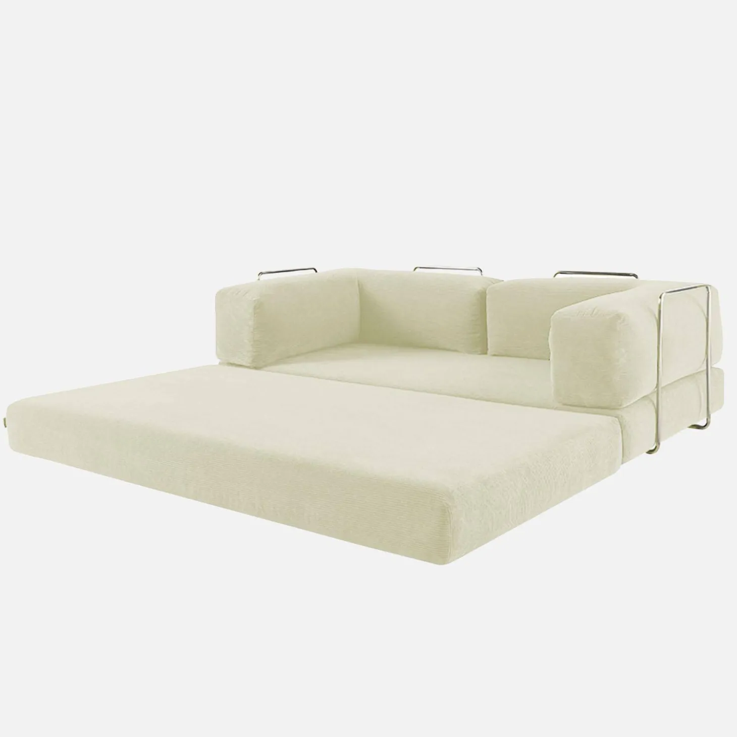 Sofá cama con futón plegable en pana y estructura cromada, 3 plazas