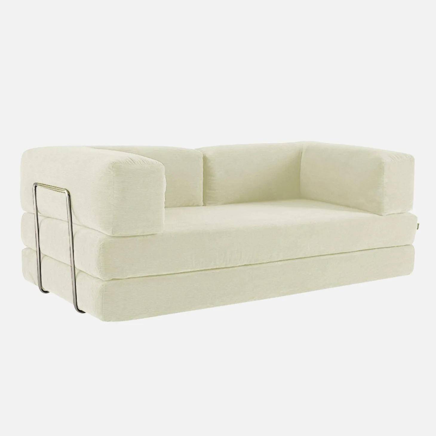 Sofá cama con futón plegable en pana y estructura cromada, 3 plazas