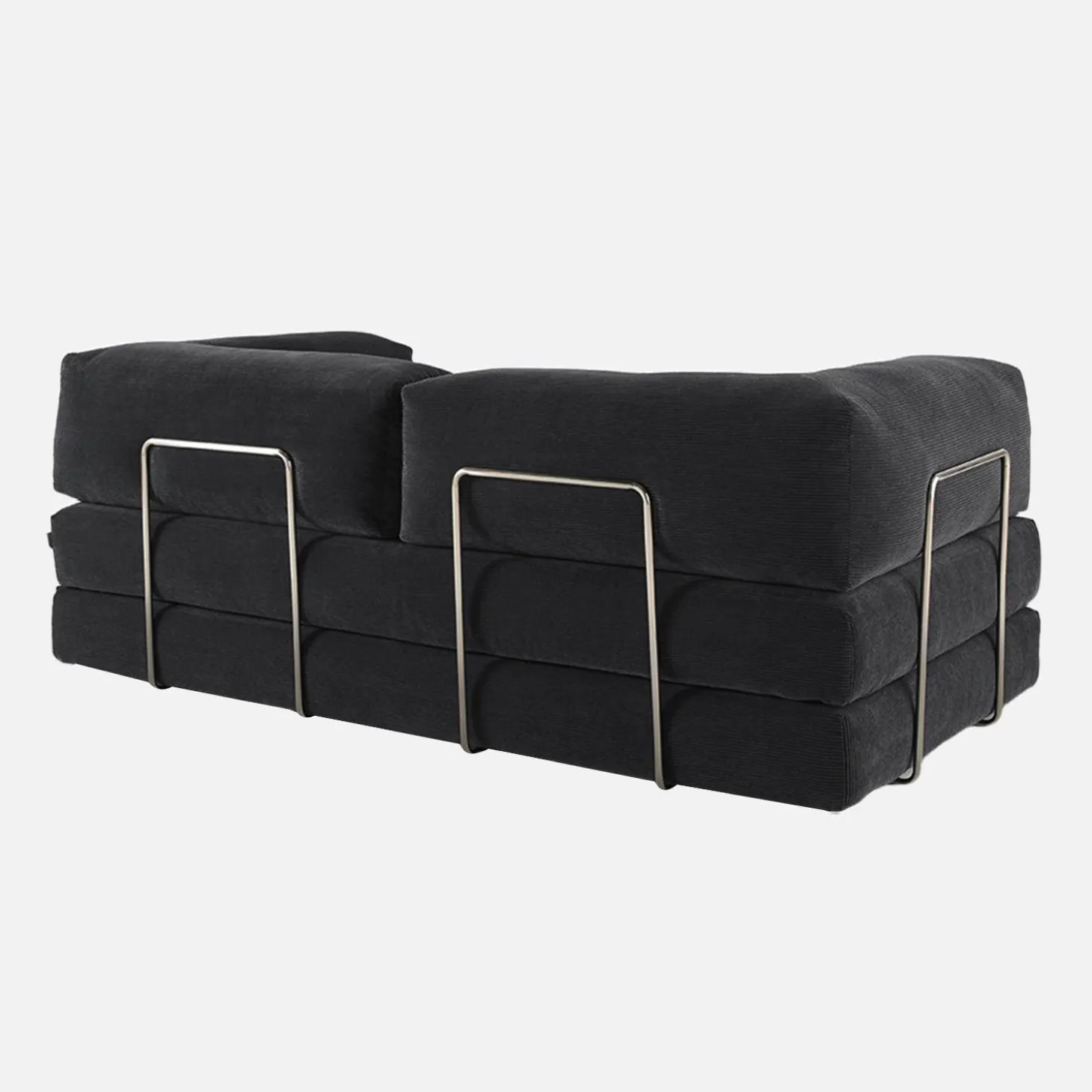 Sofá cama con futón plegable en pana y estructura cromada, 3 plazas