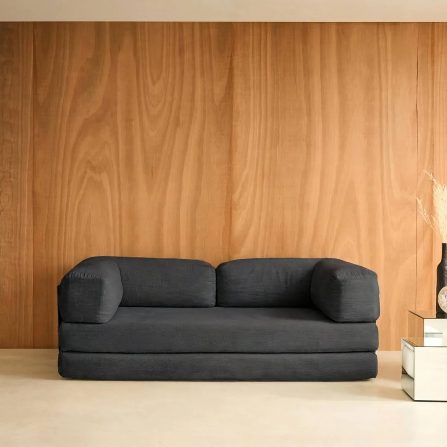Sofá cama con futón plegable en pana y estructura cromada, 3 plazas