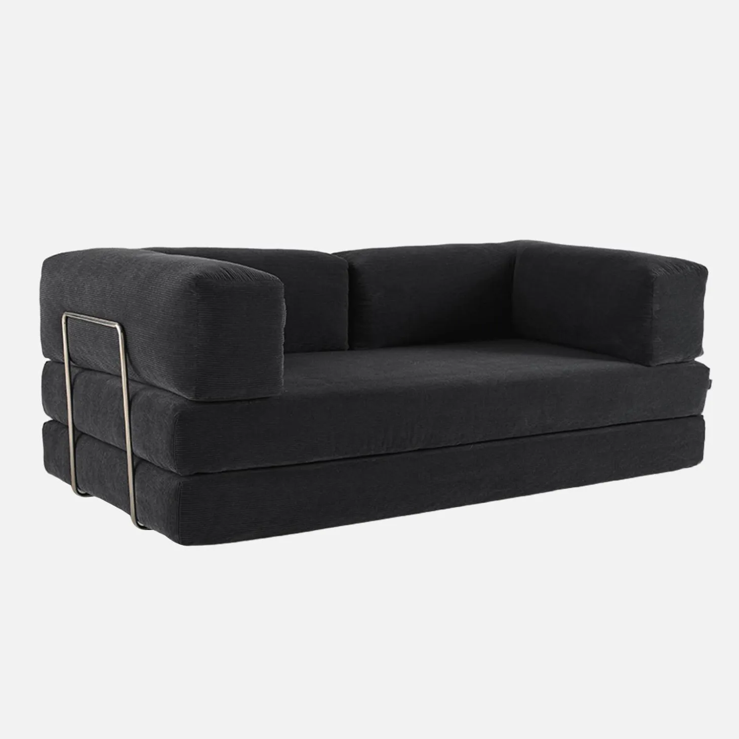 Sofá cama con futón plegable en pana y estructura cromada, 3 plazas
