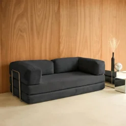 Sofá cama con futón plegable en pana y estructura cromada, 3 plazas