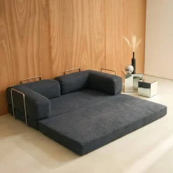 Sofá cama con futón plegable en pana y estructura cromada, 3 plazas