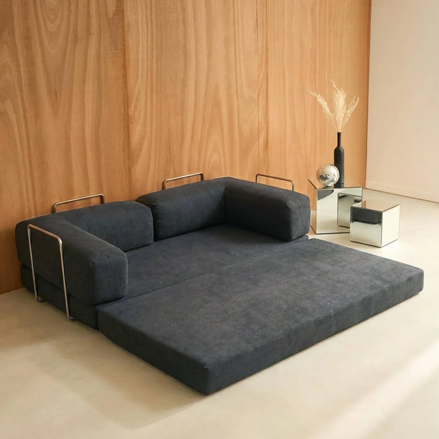 Sofá cama con futón plegable en pana y estructura cromada, 3 plazas
