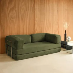 Sofá cama con futón plegable en pana y estructura cromada, 3 plazas