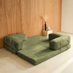Sofá cama con futón plegable en pana y estructura cromada, 3 plazas