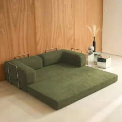 Sofá cama con futón plegable en pana y estructura cromada, 3 plazas