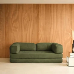 Sofá cama con futón plegable en pana y estructura cromada, 3 plazas